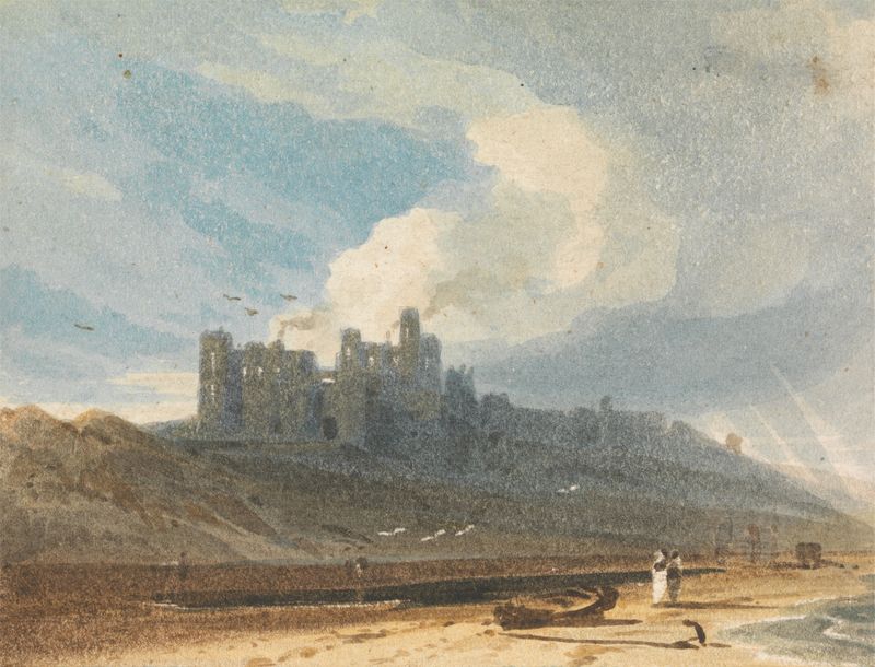Bamburgh Castle, aquarela sobre papel de John Varley, retratando um castelo em penhascos à beira-mar.