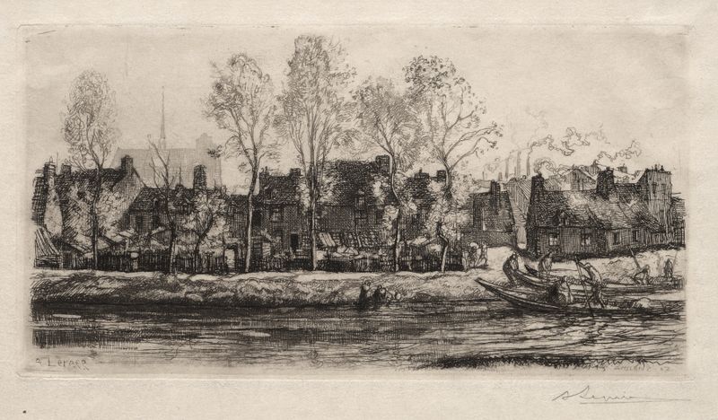 Gravura de Auguste Louis Lepère representando uma paisagem de rio tranquila com reflexos.