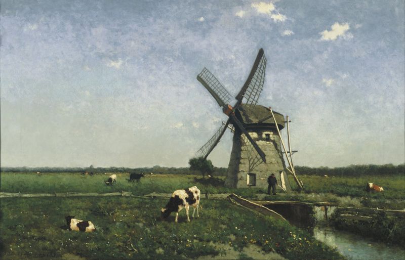 Landscape with windmill near Schiedam, oil on canvas by Johan Hendrik Weissenbruch