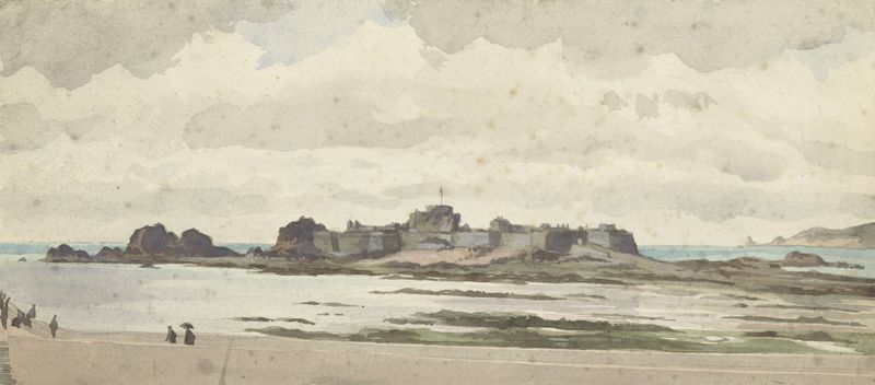 Castle or Fortress on the Coast by James Tissot, oil painting depicting a coastal fortress and turbulent sea.