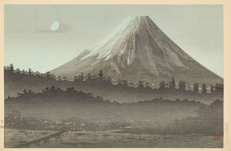 Ukiyo-e of Mount Fuji at night by Takahashi Hiroaki
