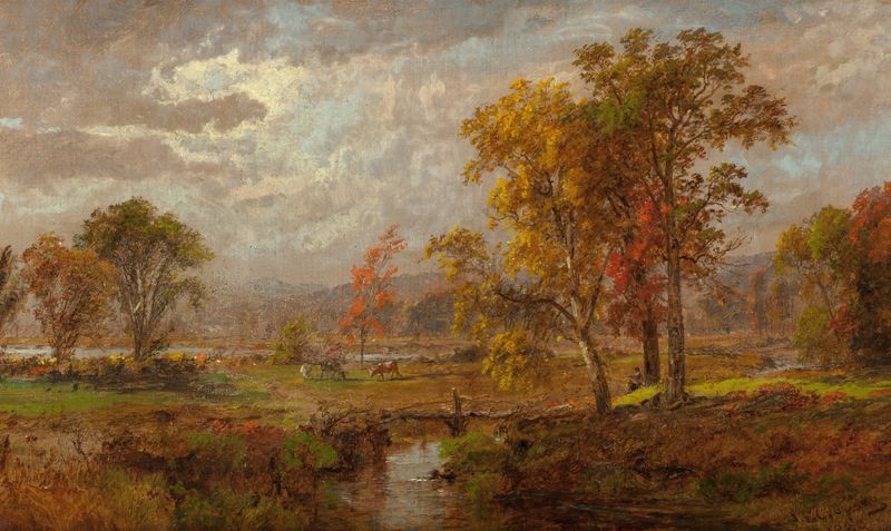 Autumn Landscape by Jasper Francis Cropsey, oil on canvas depicting a vibrant forest and dramatic sky.