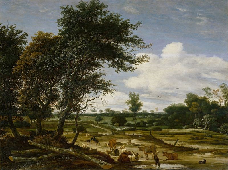 Landscape with herdsmen and cattle, oil painting by Jacob Salomonsz. van Ruysdael