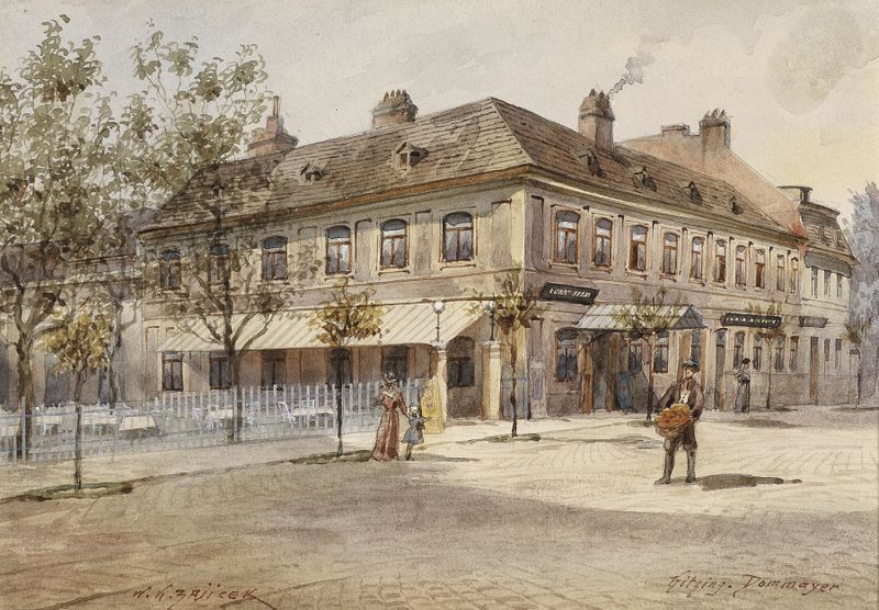 Dommayer Hietzing de Karl Wenzel Zajicek, pintura al óleo que representa un paisaje sereno con suaves pasteles.