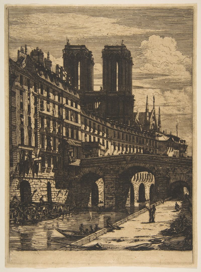 Etching of The Petit Pont, Paris by Charles Meryon, showing a bridge over a river.