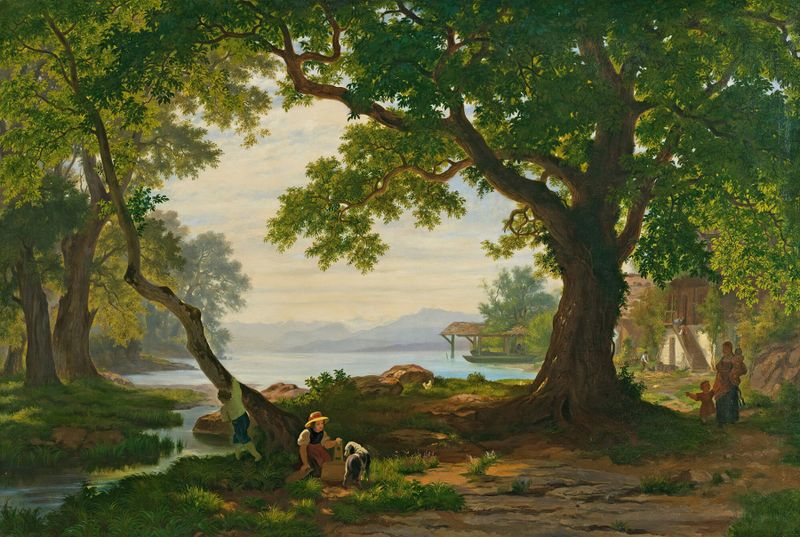 At Lake Sempach by Robert Zünd, oil on canvas depicting a solitary figure by a tranquil lake.