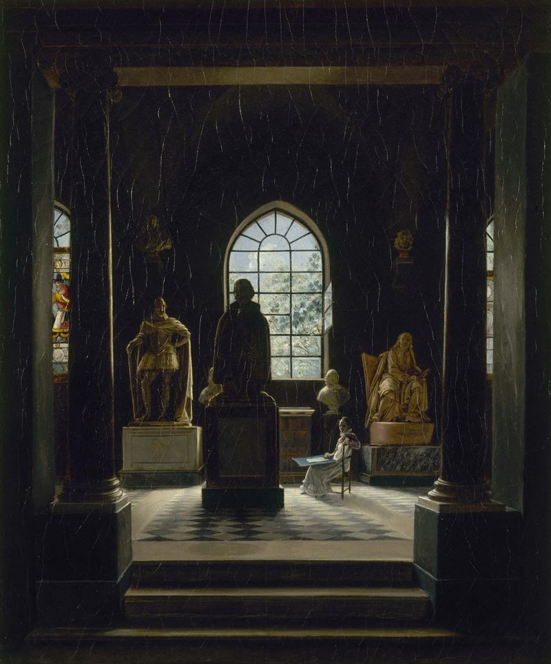 Cena interior com arco e esculturas, pintura a óleo de Léon-Mathieu Cochereau, 1816