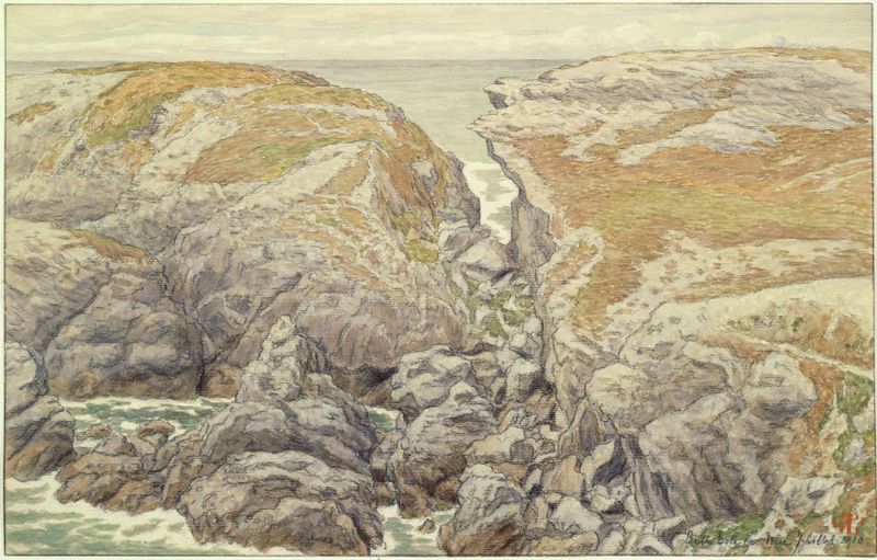 Aquarela de Henri Rivière retratando falésias em Belle-Isle en mer