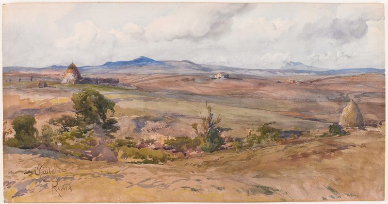 Rural Landscape by Onorato Carlandi, oil on canvas depicting serene hills and green fields.