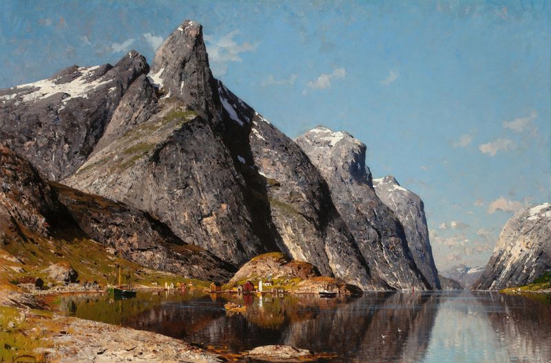 Landscape of a fjord with cliffs at twilight, oil painting by Adelsteen Normann