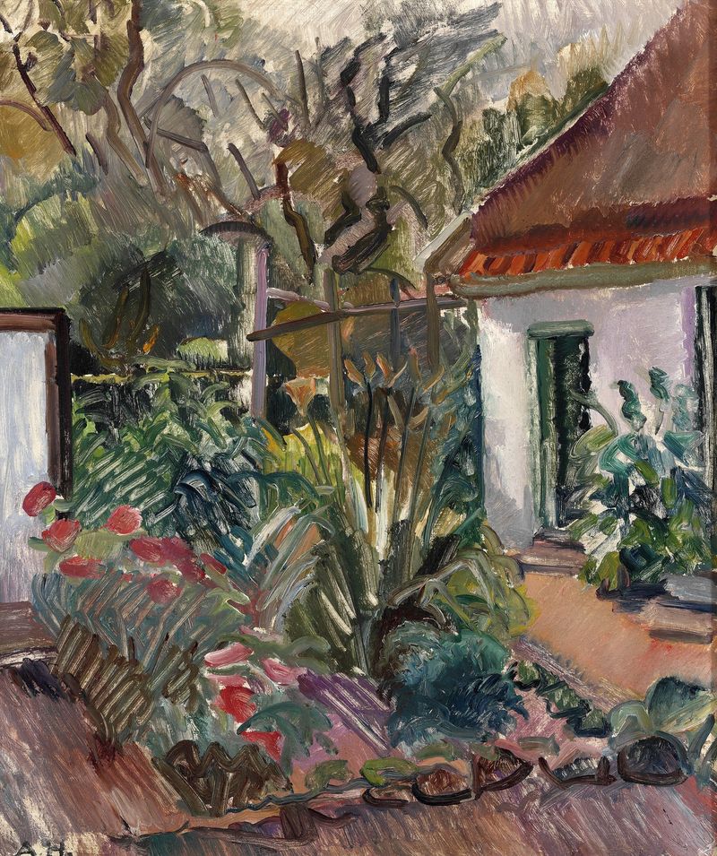 Botanical scene with flowers and trees in morning light by Astrid Holm