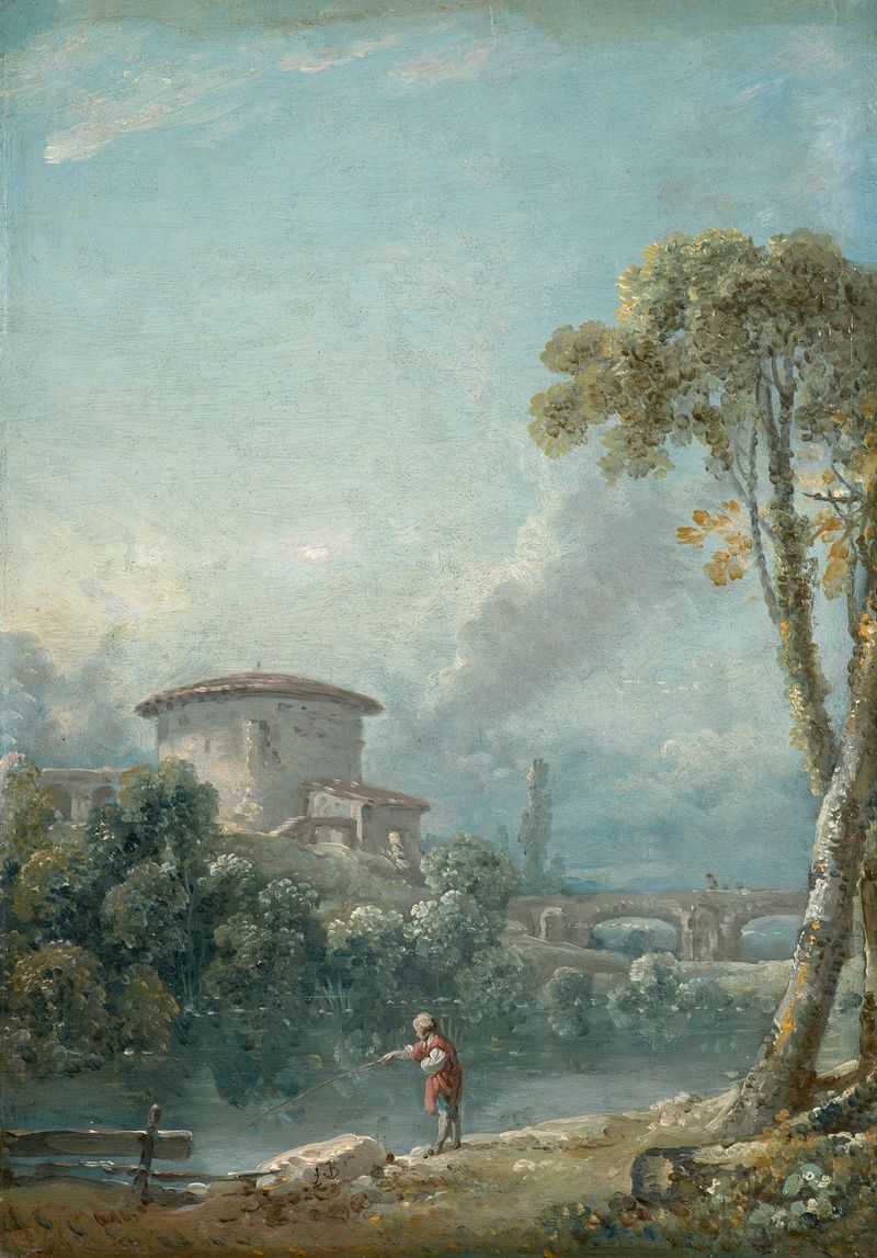 Oil painting by Nicolas Jacques Julliard featuring a fisherman by a lake.
