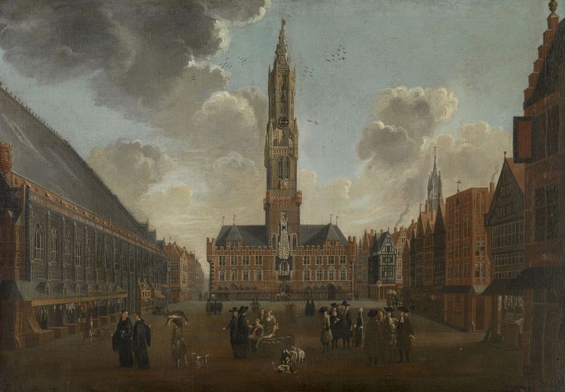 The Market Square in Bruges by Jan Baptist van Meunincxhove, oil painting depicting a cobblestone square.