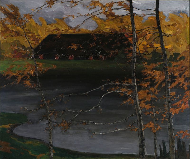 Abstract oil painting by Kazimierz Stabrowski featuring autumn leaves and muted colors.