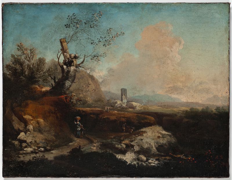 Paisaje con una Torre de Alessio de Marchis, pintura al óleo que representa una torre al anochecer