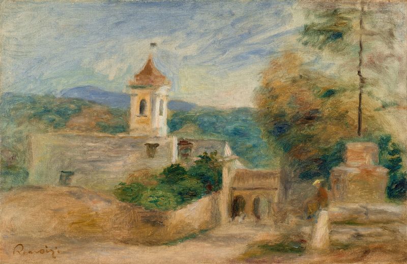 La chapelle à Cagnes, pintura al óleo de Pierre-Auguste Renoir que muestra una capilla tranquila rodeada de naturaleza.