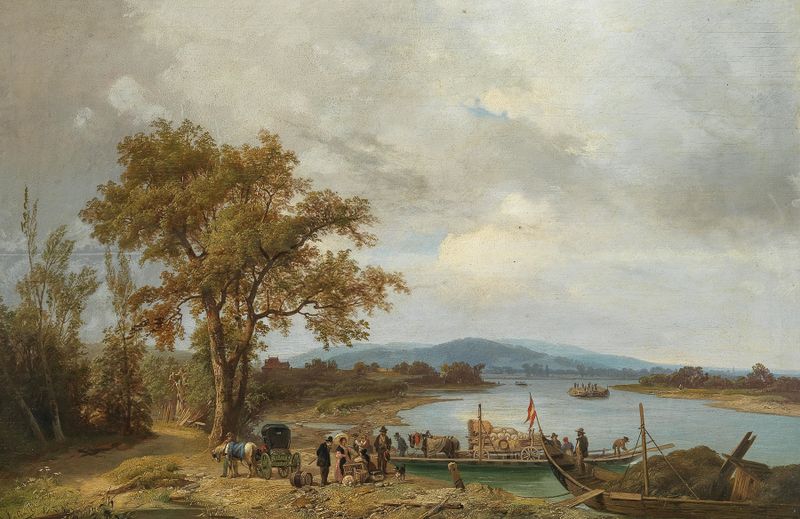 A Danube landscape with ferries, oil on canvas by Ignaz Raffalt