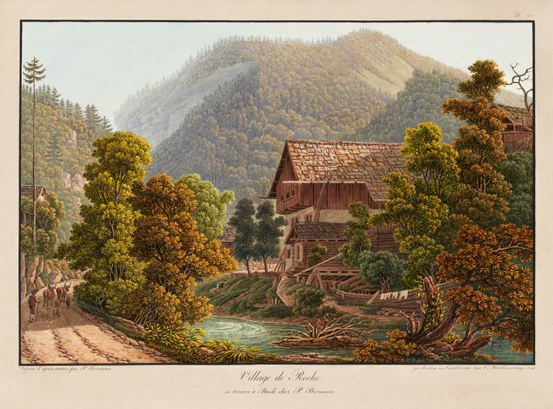 Village de Roche de Peter Birmann, que representa arquitectura y colinas, pintura al óleo.