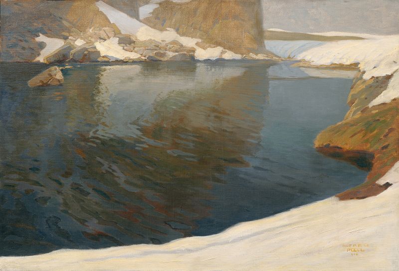 Lago sereno com reflexos, pintura a óleo de Alfred Poell