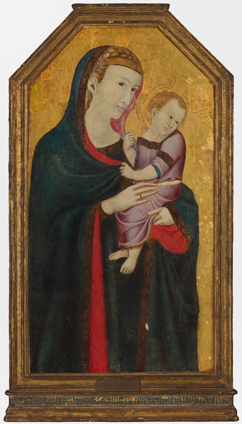 Madonna and Child de Mello da Gubbio, medio oro, que representa una madre y un niño serenos.