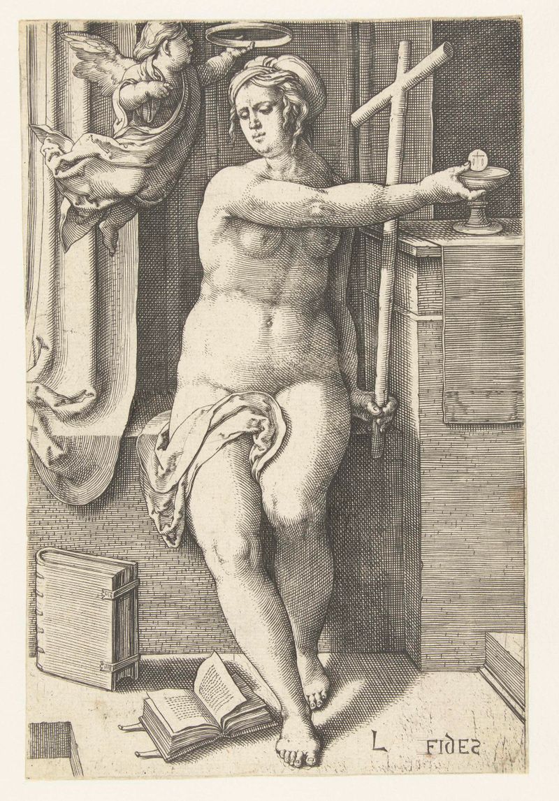 Grabado de Lucas van Leyden que representa a una mujer simbolizando la fe