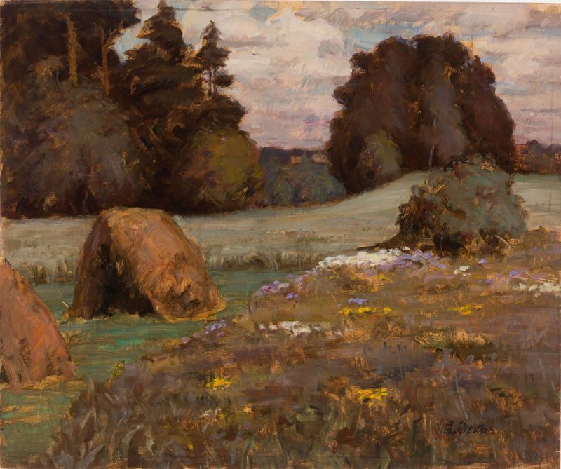 Landscape by Ludvig Oskar, Modernism, featuring muted greens and browns.