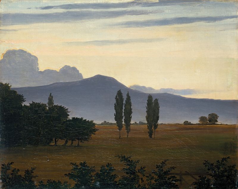 Vista a las Montañas Taunus de Philipp Veit, pintura al óleo que representa montañas y un cielo pastel.