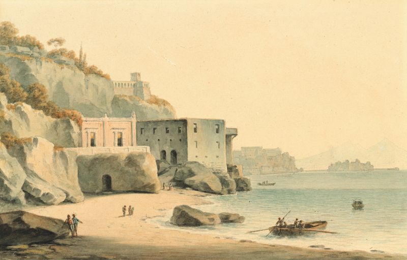 Coastal scene with golden sands and cerulean waters by John Warwick Smith, oil painting.