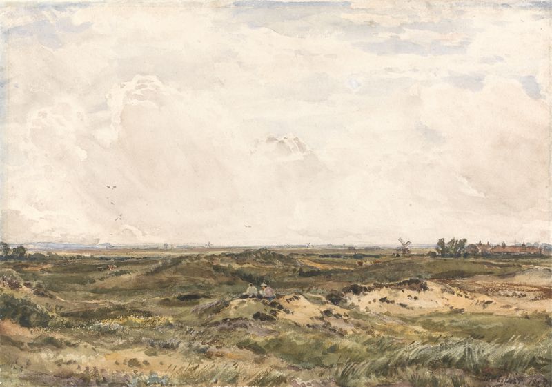 Oil painting by Thomas Collier depicting fields and wildflowers under a pastel sky.