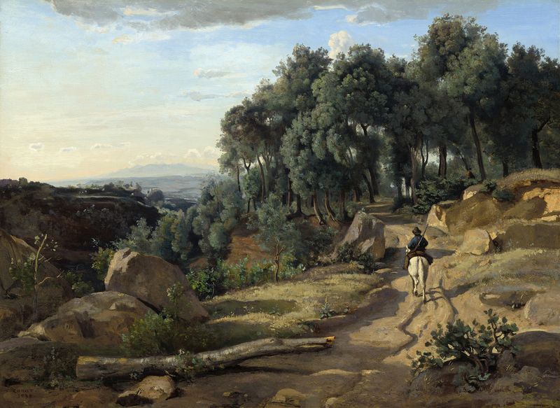 Paisagem com colinas e árvores, pintura a óleo de Jean-Baptiste-Camille Corot