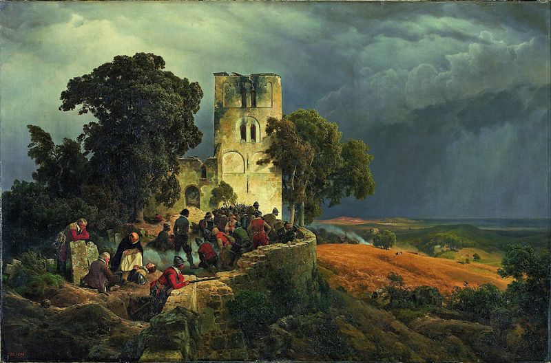 Historical scene of defenders in a courtyard during the Thirty Years' War, oil on canvas by Karl Friedrich Lessing