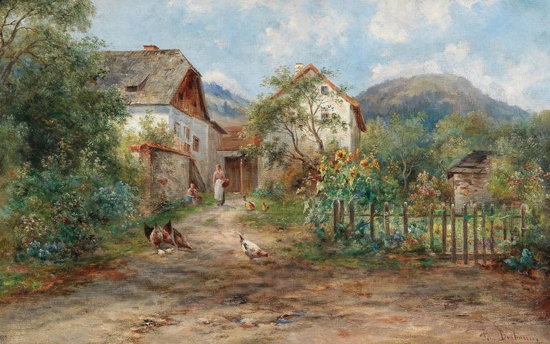 A Rustic Garden in Blossom by Emil Barbarini, impressionism, depicting a vibrant garden with figures.