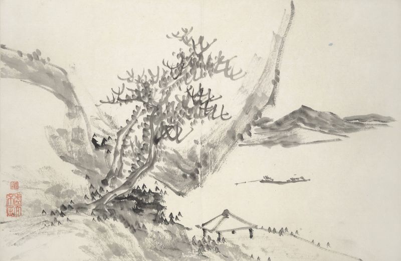 Dibujo en tinta de Hine Taizan que muestra patrones intrincados y contrastes.