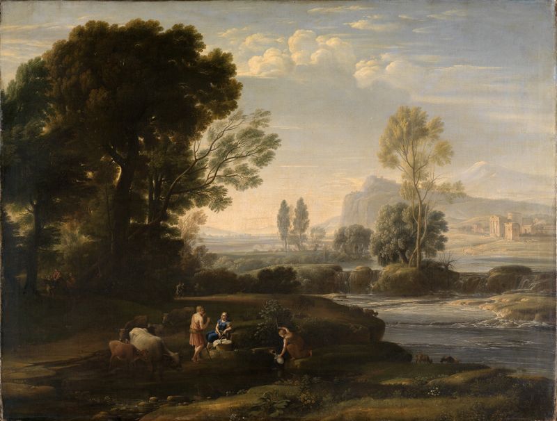 Escena religiosa de la Sagrada Familia viajando por un paisaje, óleo de Carl Ludwig Kaaz