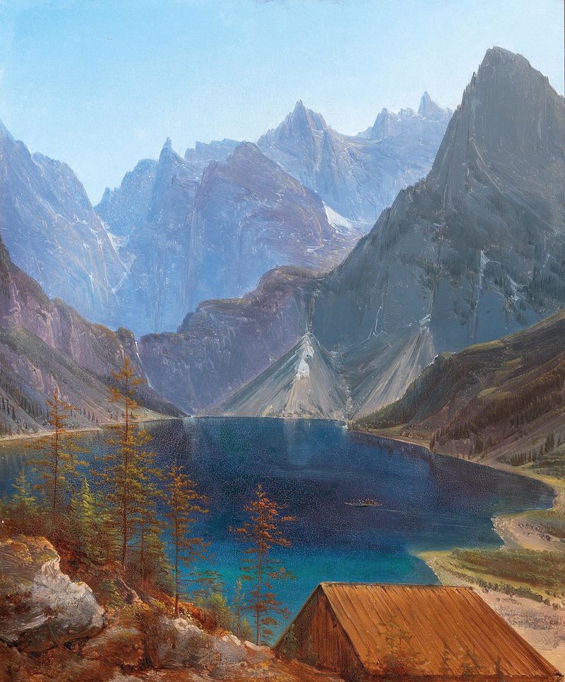 Mountain Lake by Matthias Rudolf Toma, oil on canvas, serene lake reflecting distant mountains