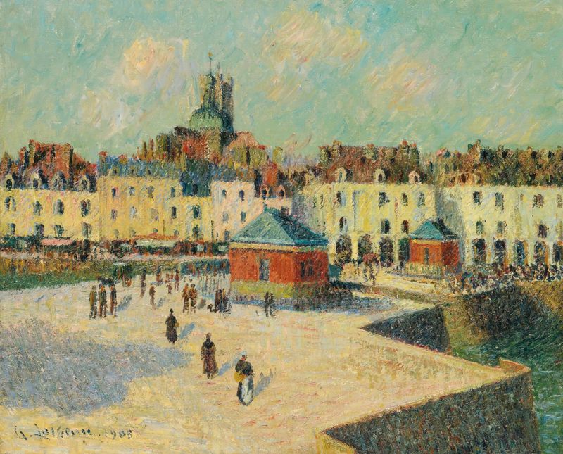 Dieppe, Le Quai De Carenage de Gustave Loiseau, óleo que retrata um cais com barcos e mar calmo.