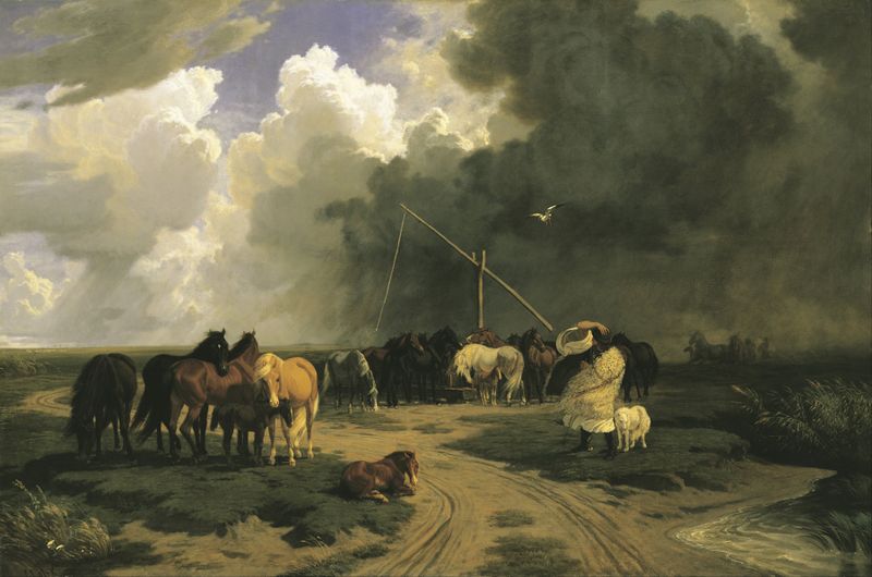 Caballos en una tormenta, óleo sobre lienzo de Károly Lotz
