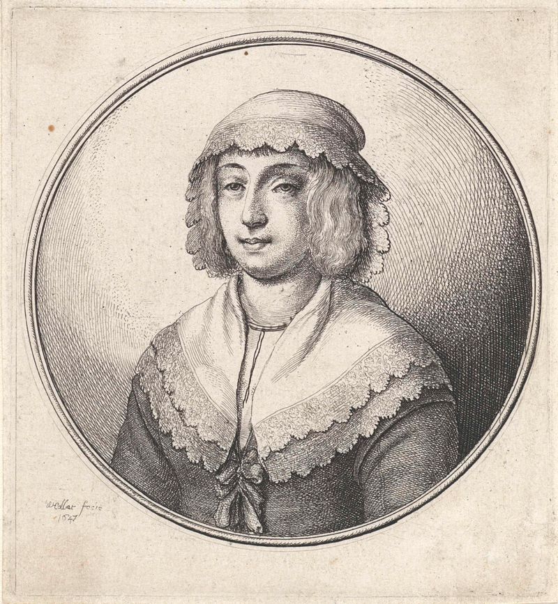 Retrato de una mujer con un gorro de encaje y un collar, grabado de Wenceslaus Hollar