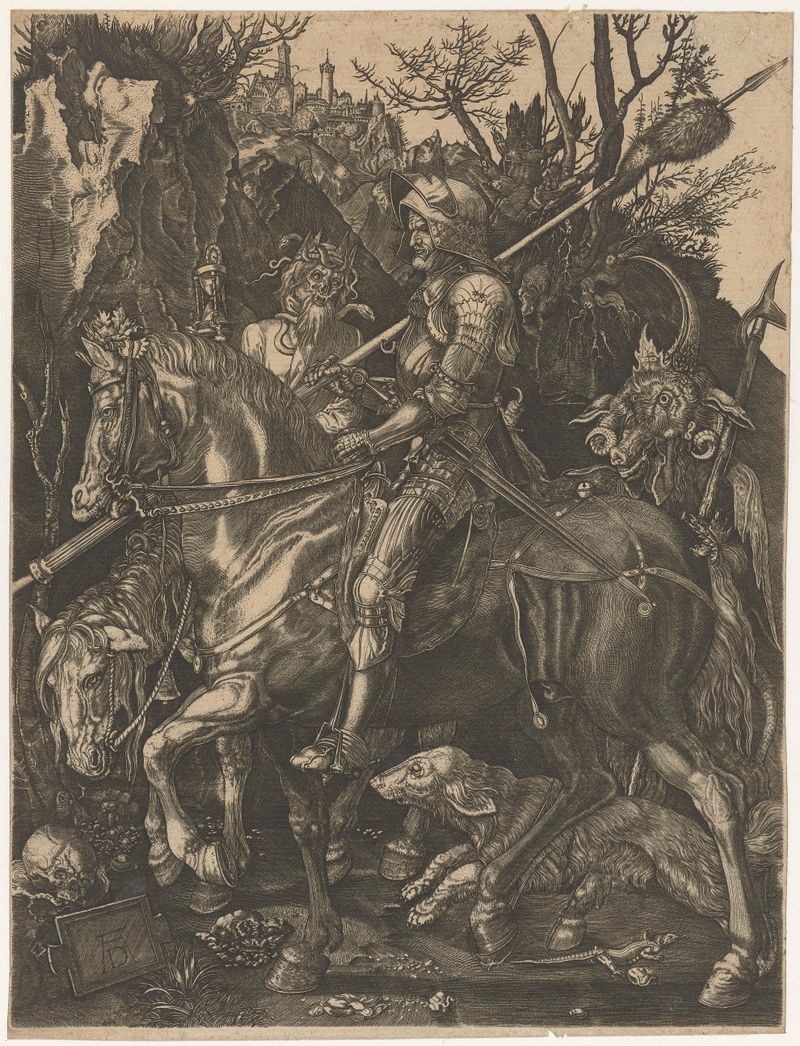 Engraving by Unknown Artist depicting a knight facing death and the devil.