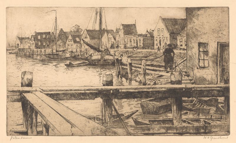 Landscape oil painting by Willem Adrianus Grondhout featuring boats and cobblestones