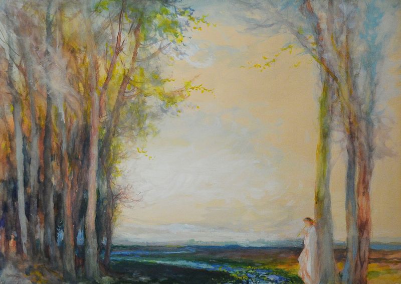 Pintura al óleo de Antoni Gawiński que muestra un paisaje de primavera con una figura tocando una flauta.