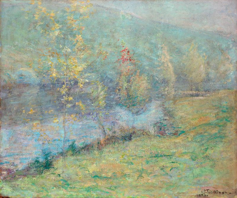 Misty May Morn by John Henry Twachtman, oil painting depicting a misty landscape at dawn.