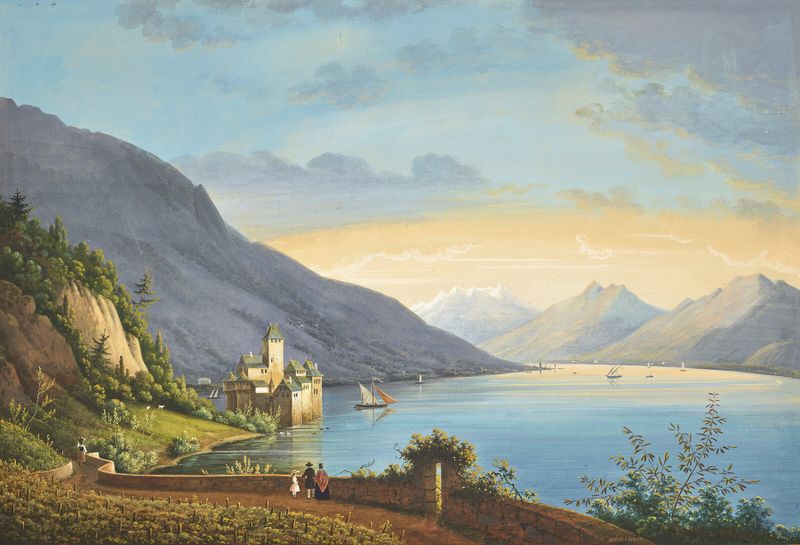 Una vista del lago de Ginebra con figuras en un viñedo, óleo sobre lienzo de Hendrikus Johannes Knip