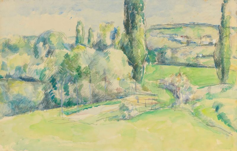 La Côte Du Jallais À Pontoise de Paul Cézanne, óleo de un paisaje de colinas con vegetación.