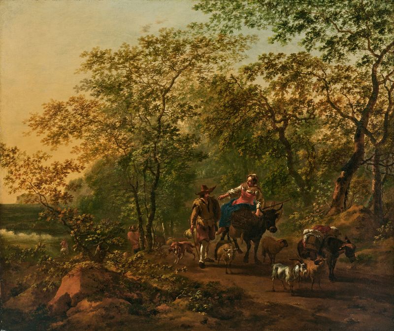 Genre scene with a woman riding an ox in a wooded landscape, oil painting by Nicolaes Berchem.
