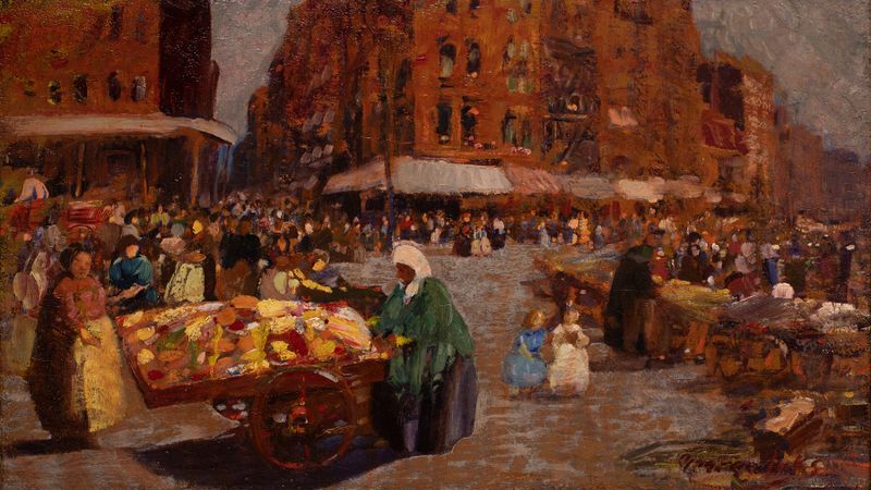 Genre scene of a young girl in a bright dress amidst a bustling city, oil on canvas by George Luks.