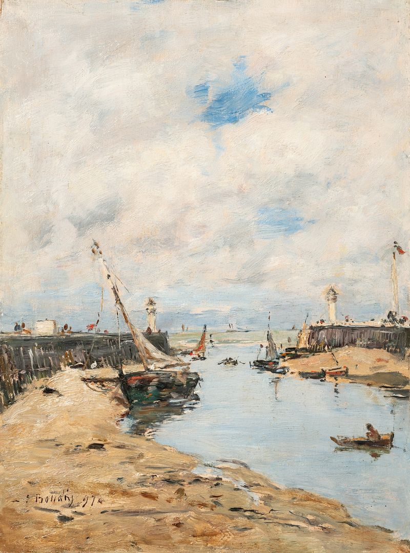 Óleo sobre lienzo de Eugène Boudin que representa un barco varado en la orilla al atardecer.
