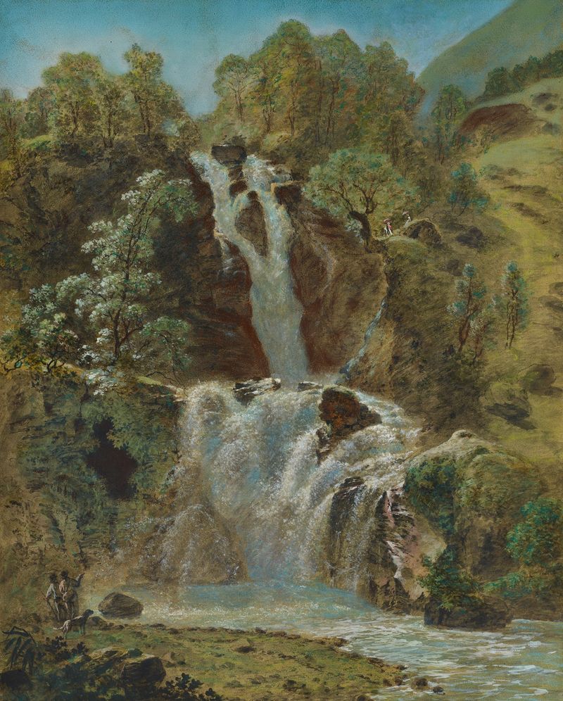 Waterfall scene in Chute inférieure du Reichenbach by Franz Niklaus König, oil painting.