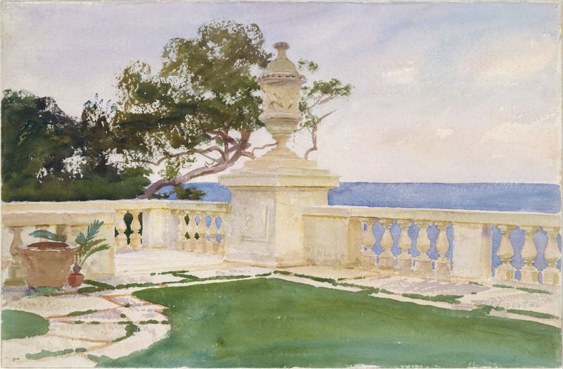Terrace, Vizcaya de John Singer Sargent, óleo que muestra follaje exuberante y juego de luz