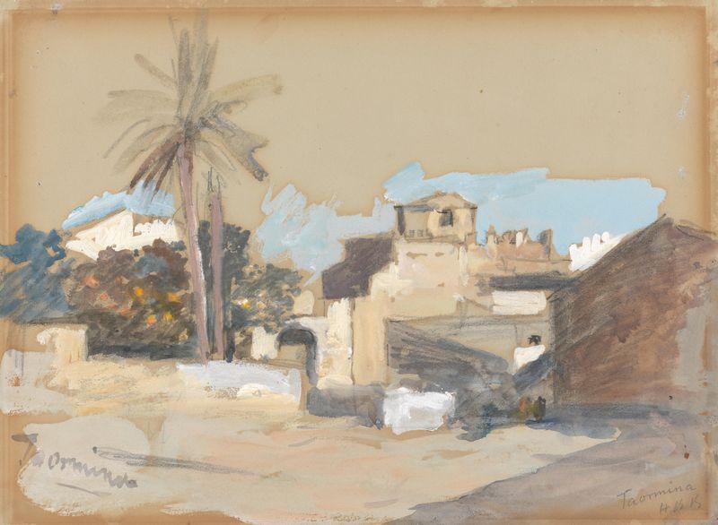 Landscape featuring ancient ruins under an azure sky, oil painting by Hercules Brabazon Brabazon